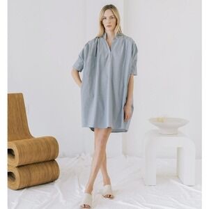 LAUDE the Label Split Neck Oversized Dress Tunic Blue Cotton Chambray S / M